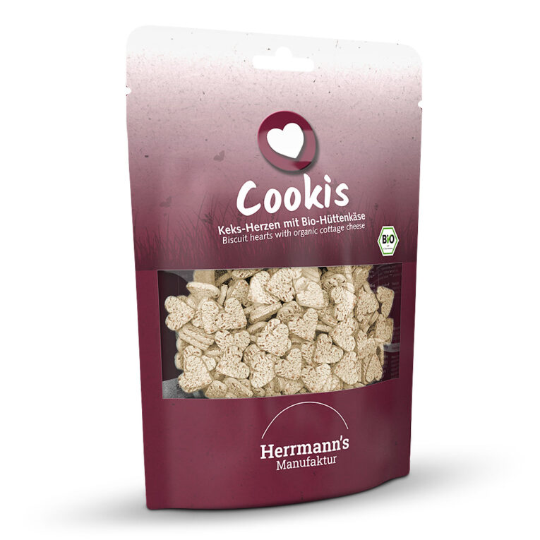 Herrmann's Cookis Keks-Herzen mit Bio-Hüttenkäse Was ist drin? Belohnung mal fleischlos. Hüttenkäse ist wie für uns Menschen auch für Hunde ein guter Fitmacher