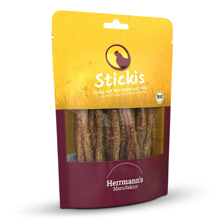 Herrmann's Stickis Bio Huhn mit Reis Was ist drin? 73 % Bio-Huhn