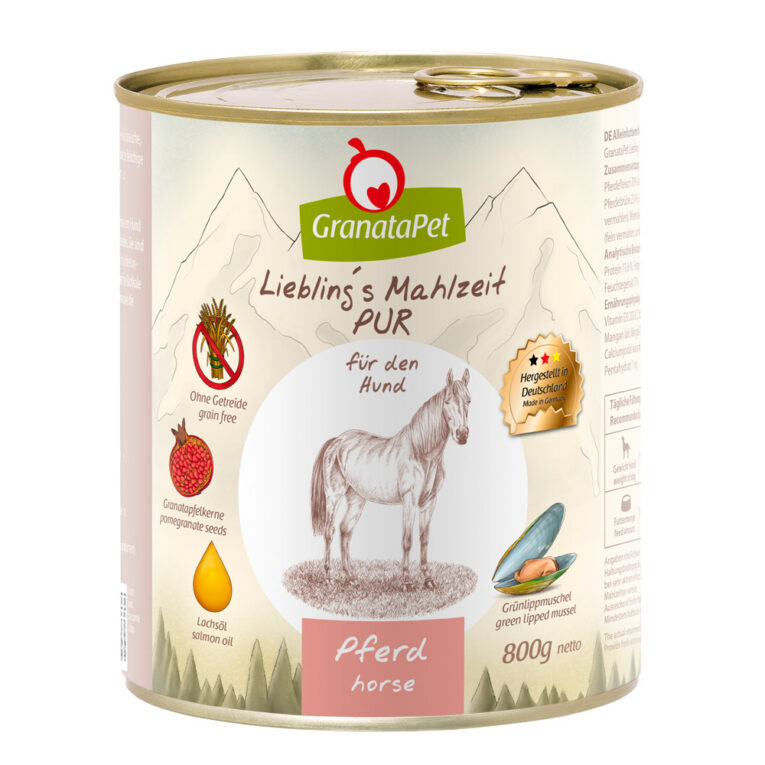 GranataPet - Nassfutter - Liebling’s Mahlzeit Pferd Pur (getreidefrei) Das Nassfutter Liebling’s Mahlzeit Pferd Pur von GranataPet ist ein Single-Protein-Nassfutter für ausgewachsene Hunde aller Rassen. Die Rezeptur beinhaltet einen hohen Anteil an Pferdefleisch
