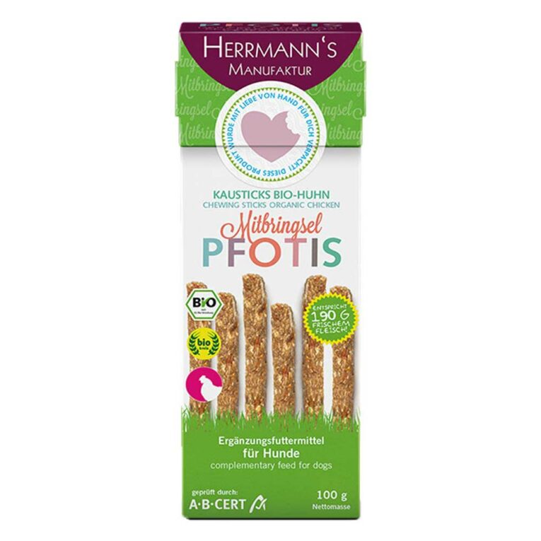 Herrmann’s - Kausnack - Pfotis Kausticks Bio-Huhn mit Reis und Kartoffelflocken Pfotis Kausticks Bio-Huhn mit Reis und Kartoffelflocken von Herrmann’s sind ein schmackhafter und glutenfreier Snack aus Bio-Hühnerfleisch