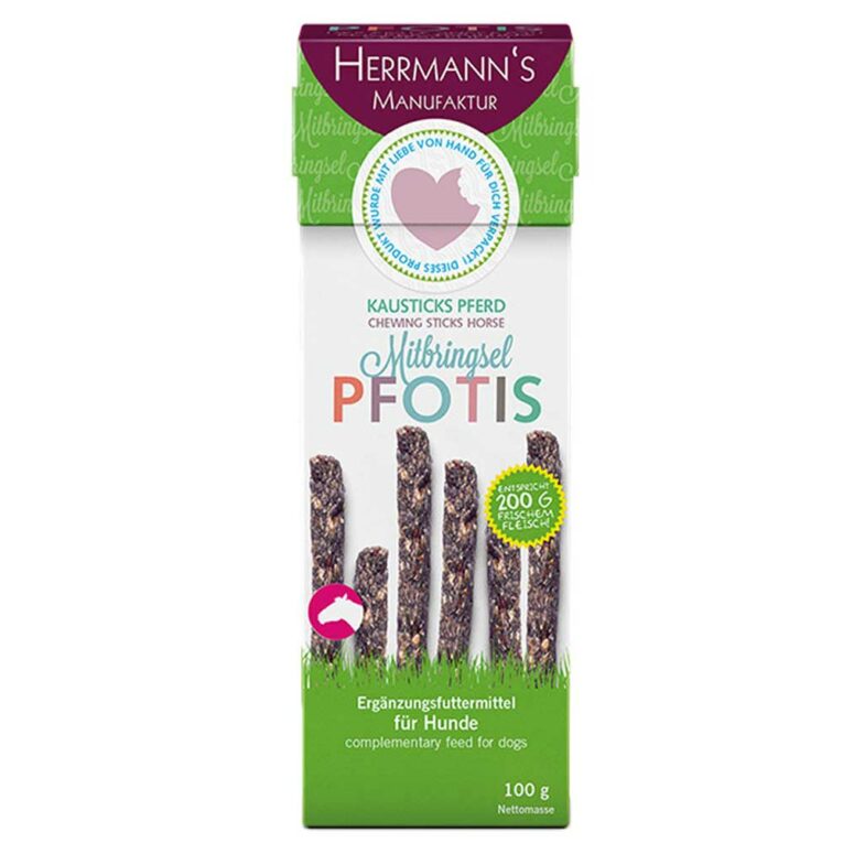 Herrmann’s - Kausnack - Pfotis Kausticks Pferd mit Süßkartoffel (getreidefrei) Pfotis Kausticks Pferd mit Süßkartoffel von Herrmann’s sind ein schmackhafter Kausnack aus Pferdefleisch und Süßkartoffeln. Dank der gluten- und laktosefreien sowie getreidefreien Rezeptur eignen sich Herrmann’s Pfotis Kausticks Pferd mit Süßkartoffeln auch für ernährungsempfindliche Hunde. Für den Kausnack wird Pferd als einzige Proteinquelle verwendet und die schonende Trocknung hilft dabei möglichst viele Nährstoffe zu erhalten. So müssen auch Hunde mit Futtermittelallergien nicht auf den delikaten Monoprotein-Kausnack verzichten. Die Herrmann’s Kausnacks werden ohne Zusatz von Zucker