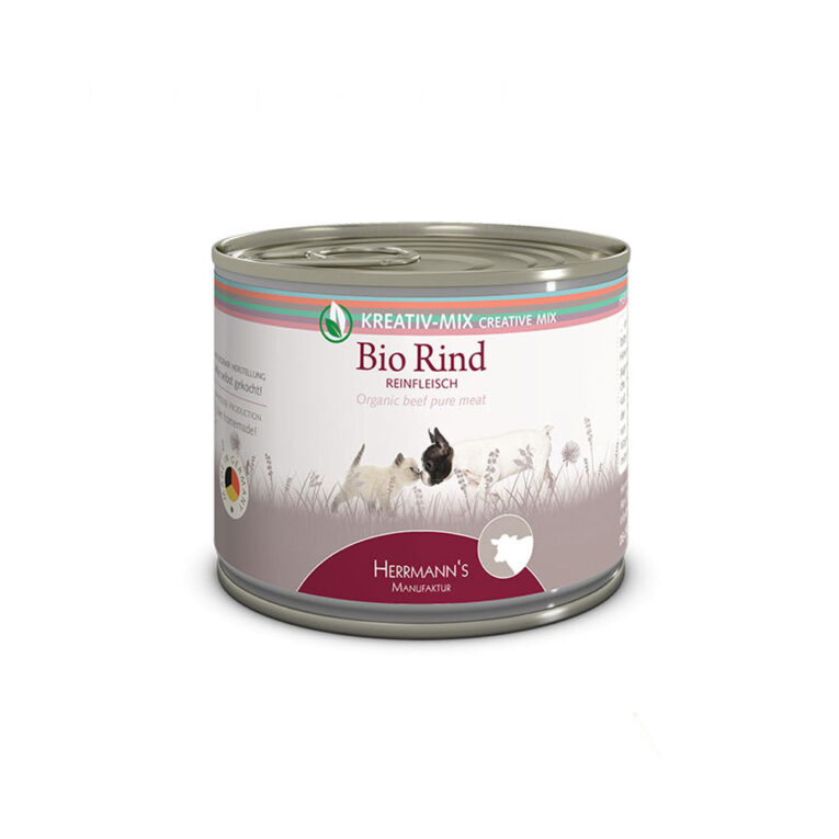 Herrmann’s - Nassfutter - Bio-Rind Reinfleisch (getreidefrei) Selection Kreativ Mix Reinfleisch von Herrmann’s ist für Hunde und Katzen aller Rassen und jeden Alters geeignet. Die Reinfleischlinie setzt auf 100% reinstes Fleisch in Bio-Qualität und eignet sich zum Mischen mit Obst