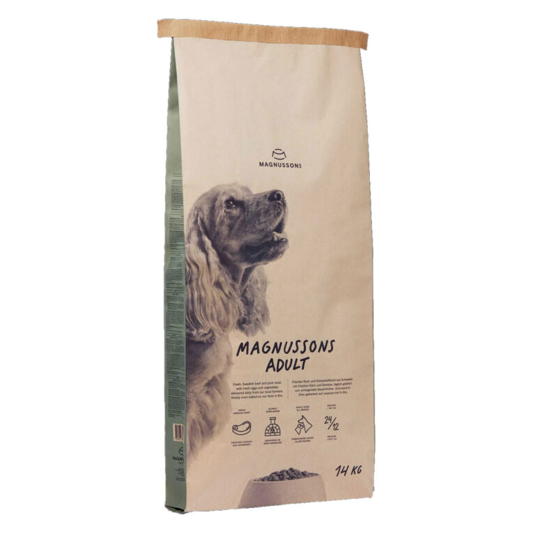 Adult von Magnusson ist ein schmackhaftes Hundefutter für Hunde mit normalem bis erhöhtem Energiebedarf. Für die Zubereitung wird ausschließlich frisches Fleisch verwendet