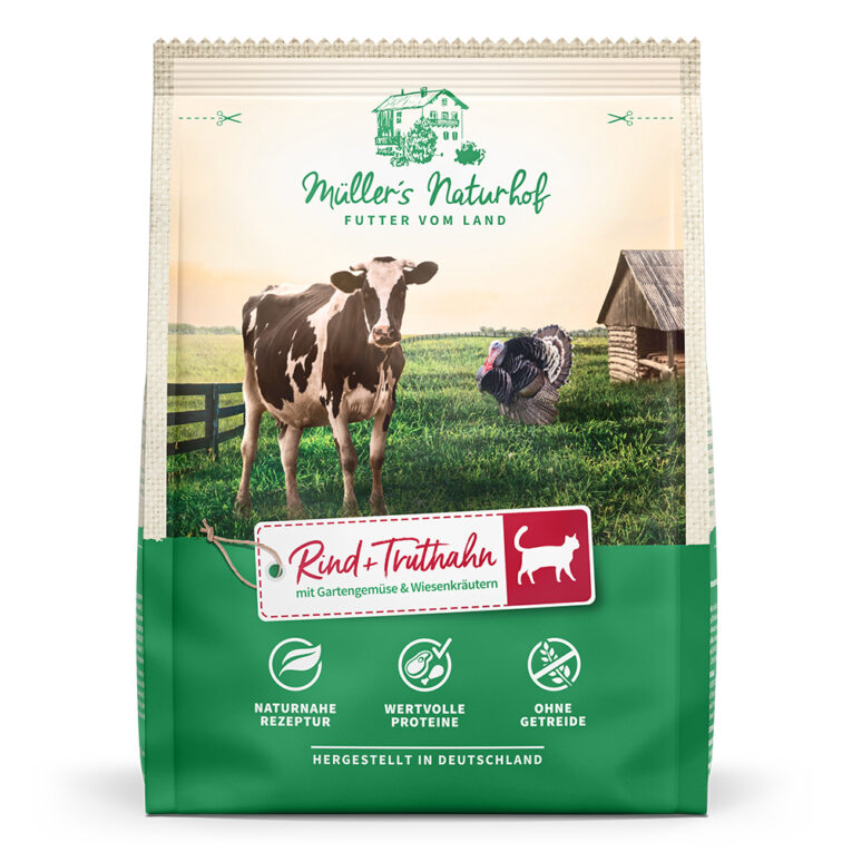 Müller’s Naturhof Getreidefrei Rind und Truthahn Müller’s Naturhof steht für artgerechtes Trockenfutter – diesem Grundsatz sind wir auch bei unserem neuen Katzenfutter Rind + Truthahn treu geblieben. Um den Geschmack sowie natürliche Nährstoffe bestmöglich zu erhalten wird das Katzenfutter in einem deutschen Traditionsbetrieb schonend verarbeitet. Bei unserem Müller´s Naturhof Trockenfutter verzichten wir auf Getreide und verwenden nur hochwertige Proteine. Abgerundet wird die Rezeptur mit erlesenem Gartengemüse und Wiesenkräutern. Ihre Katze wird es lieben. Natürlich ist das Katzenfutter frei von Farb-