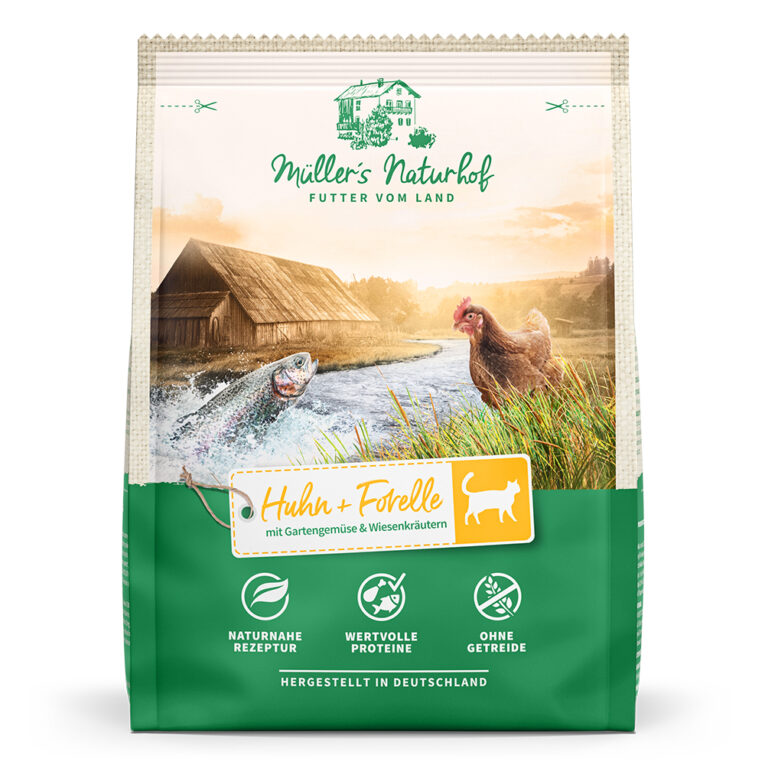 Müller’s Naturhof Huhn und Forelle Müller’s Naturhof steht für artgerechtes Trockenfutter – diesem Grundsatz sind wir auch bei unserem neuen Katzenfutter Rind + Truthahn treu geblieben. Um den Geschmack sowie natürliche Nährstoffe bestmöglich zu erhalten wird das Katzenfutter in einem deutschen Traditionsbetrieb schonend verarbeitet. Bei unserem Müller´s Naturhof Trockenfutter verzichten wir auf Getreide und verwenden nur hochwertige Proteine. Abgerundet wird die Rezeptur mit erlesenem Gartengemüse und Wiesenkräutern. Ihre Katze wird es lieben. Natürlich ist das Katzenfutter frei von Farb-