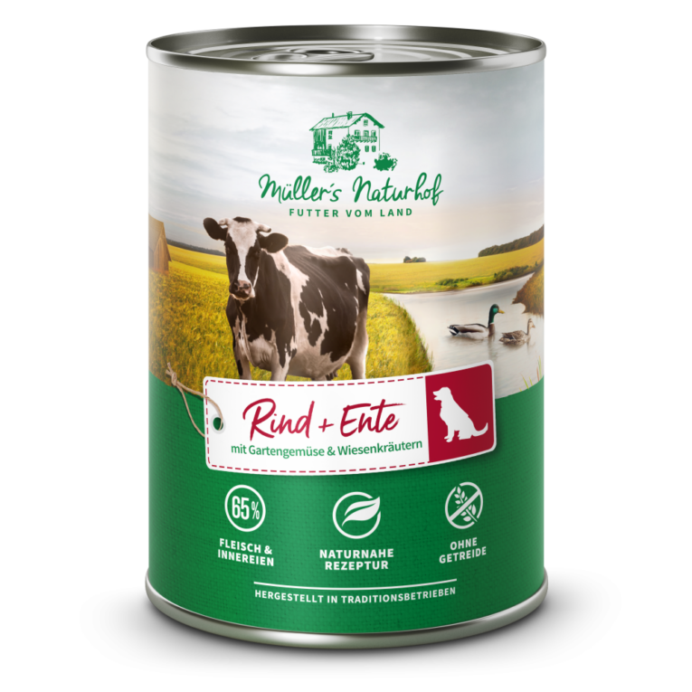 Müller’s Naturhof - Nassfutter - Rind und Ente mit Gartengemüse und Wiesenkräutern (getreidefrei) Das Nassfutter Müller’s Naturhof Rind und Ente mit Gartengemüse und Wiesenkräutern ist ein qualitativ hochwertiges Alleinfuttermittel für Hunde aller Rassen. Die ausgewogene