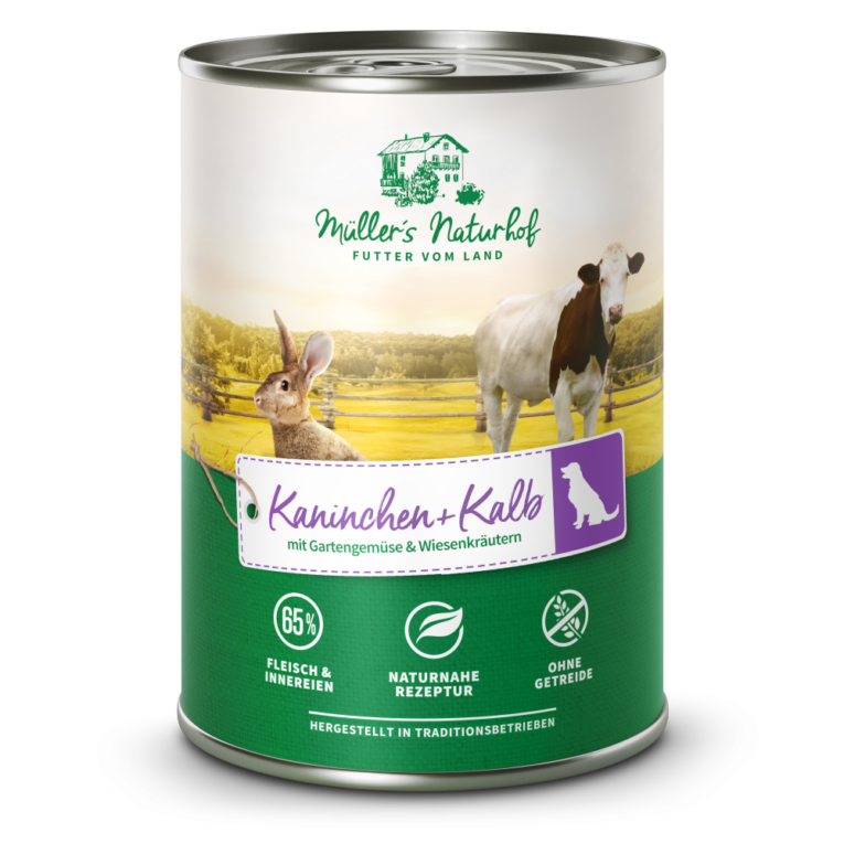 Müller’s Naturhof - Nassfutter - Kalb und Kaninchen mit Gartengemüse und Wiesenkräutern (getreidefrei) Das Nassfutter Müller’s Naturhof Kalb und Kaninchen mit Gartengemüse und Wiesenkräutern ist ein qualitativ hochwertiges Alleinfuttermittel für Hunde aller Rassen. Die ausgewogene