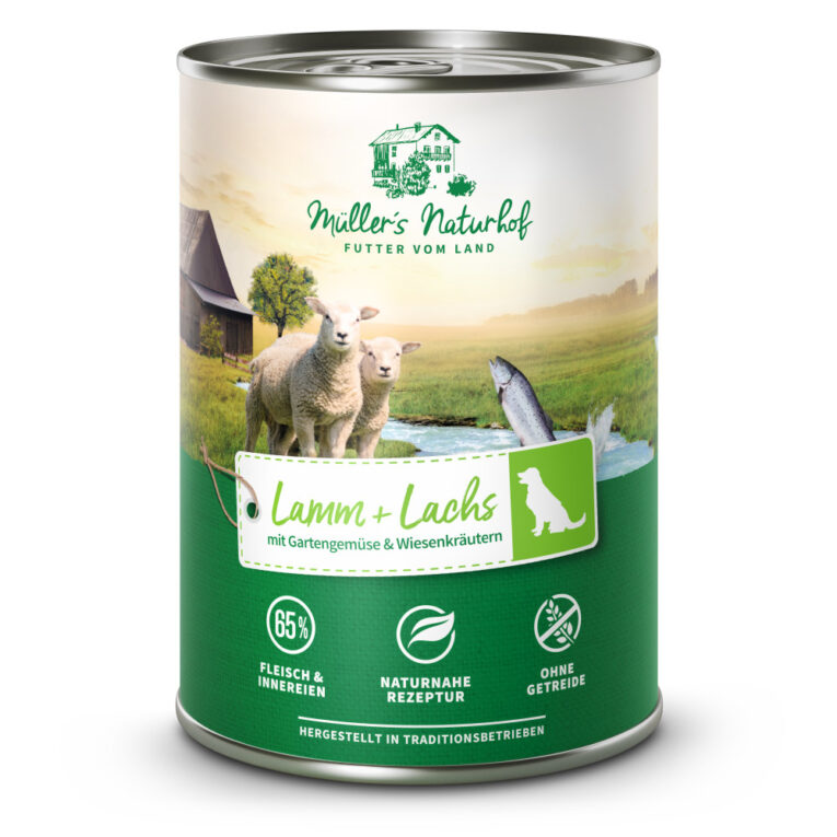 Müller’s Naturhof Lamm und Lachs mit Gartengemüse und Wiesenkräutern Das Nassfutter Müller’s Naturhof Lamm und Lachs mit Gartengemüse und Wiesenkräutern ist ein qualitativ hochwertiges Alleinfuttermittel für Hunde aller Rassen. Die ausgewogene