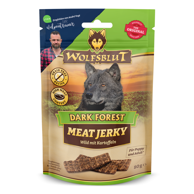 Wolfsblut Meat Jerky Dark Forest - Wildfleisch und Kartoffeln Der perfekte Belohnungssnack mit Wildfleisch und Kartoffeln und dem Gütesiegel des bekannten Welpentrainers André Vogt. Zusammen mit dem Hundeprofi André Vogt haben wir auch dieses Jahr wieder einen tollen Snack entwickelt