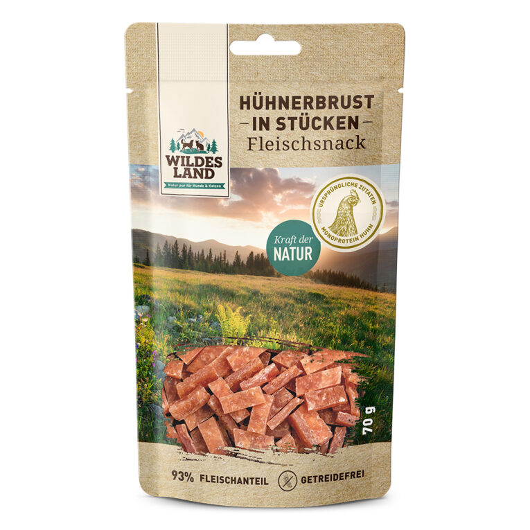 Wildes Land Hühnerbrust in Stücken Der Wildes Land Fleischsnack Hühnerbrust in Stücken basiert auf der Ursprünglichkeit und Kraft der Natur. Schonend luftgetrocknet hat das magere Hühnerbrustfilet eine eine ausgezeichnete Akzeptanz und Verträglichkeit bei Hunden und Katzen. Die kleinen Stückchen des getreidefreien Snacks eignen sich ideal als artgerechte Belohnung sowohl für Ihren Hund oder Ihre Katze und gibt Ihnen die Möglichkeit