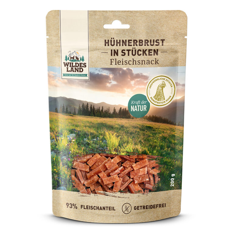 Wildes Land Hühnerbrust in Stücken Der Wildes Land Fleischsnack Hühnerbrust in Stücken basiert auf der Ursprünglichkeit und Kraft der Natur. Schonend luftgetrocknet hat das magere Hühnerbrustfilet eine eine ausgezeichnete Akzeptanz und Verträglichkeit bei Hunden und Katzen. Die kleinen Stückchen des getreidefreien Snacks eignen sich ideal als artgerechte Belohnung sowohl für Ihren Hund oder Ihre Katze und gibt Ihnen die Möglichkeit