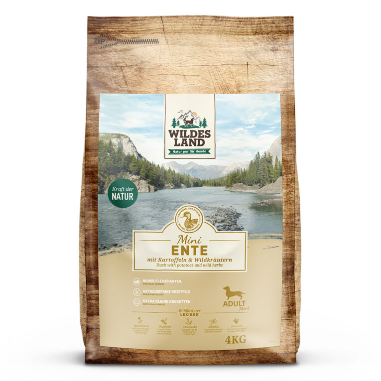 Wildes Land Ente mit Kartoffeln und Wildkräutern Mini Für das Wohlbefinden und die Gesundheit Ihres Hundes ist eine ausgewogene Ernährung unerlässlich. Das Trockenfutter Ente Mini mit Kartoffeln & Wildkräutern von Wildes Land versorgt Ihren Hund