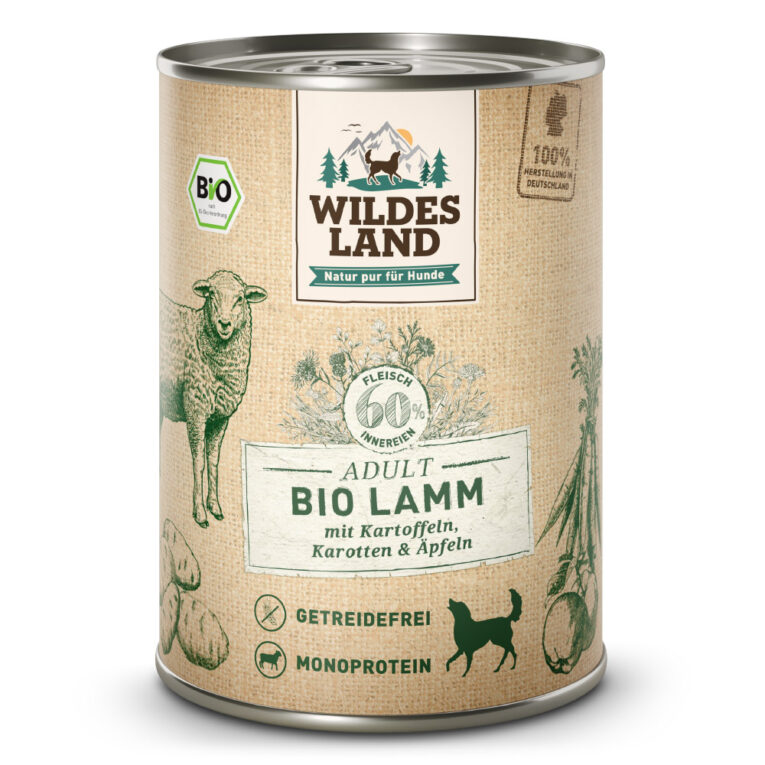 Wildes Land - Nassfutter - Bio Lamm mit Kartoffeln 400 g Für das Wohlbefinden Ihres Hundes ist eine ausgewogene Ernährung unerlässlich. Das Wildes Land Nassfutter Bio Lamm mit Kartoffeln versorgt Ihren Hund mit allen wichtigen Nährstoffen und das mit Zutaten