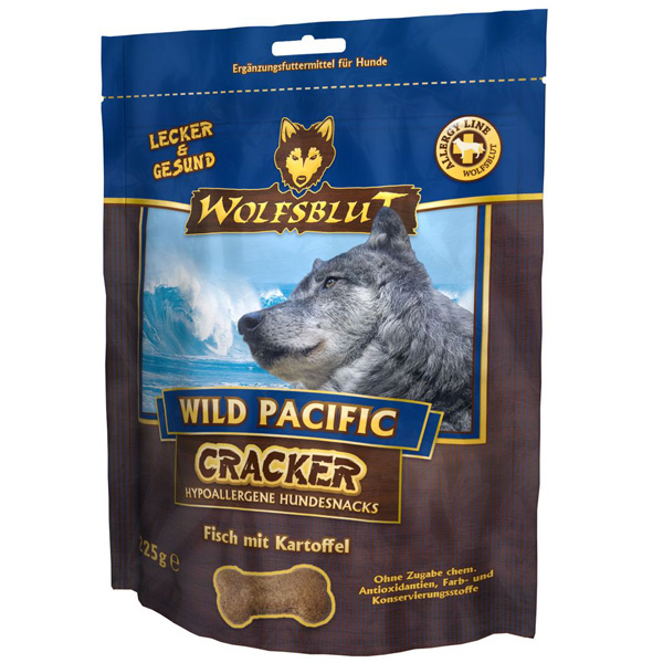 Wild Pacific Cracker Snack mit Fisch Wolfsblut Cracker sind Hundekekse ohne Getreide und ohne Gluten mit einem hohen Fleischanteil. Die Cracker enthalten ebenso keinen industriell hergestellten Zucker