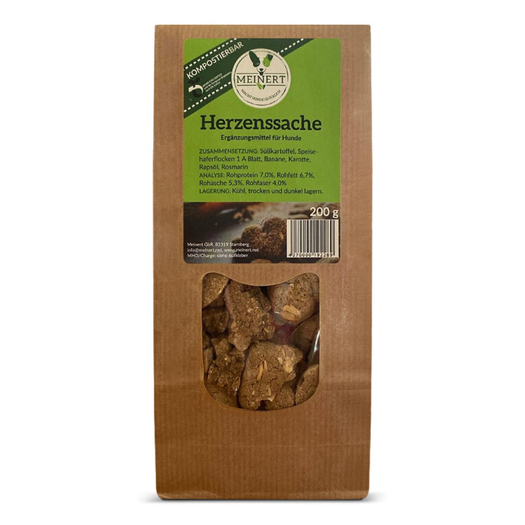 Meinert Herzenssache Herzenssache ist eine Leckerlikreation für unsere Herzenshunde. Ob als Trainingssnack oder zwischendurch als Belohnung. Damit kann nicht nur dem Hund etwas Gutes getan werden