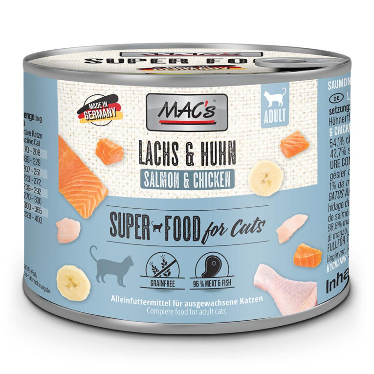 Mac’s - Nassfutter - Lachs & Hühnchen (getreidefrei) Diesem getreidefreien Nassfutter von Mac’s ist neben schmackhaften Hühnchenfleisch und Lachs auch Lachsöl hinzugefügt. Die Mischung aus Hühnchenherzen