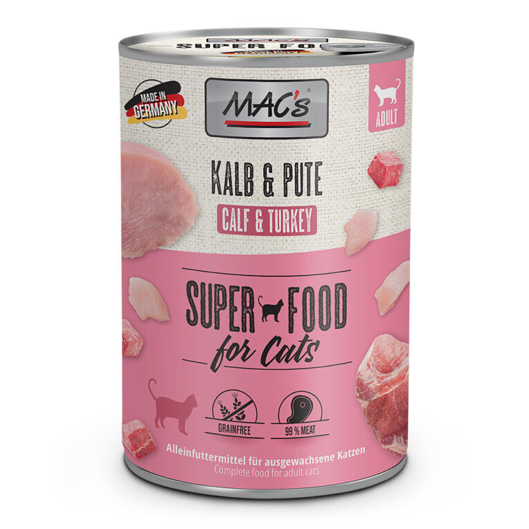 Mac’s - Nassfutter - Kalb&Pute (getreidefrei) Diesem getreidefreien Nassfutter von Mac’s sind neben schmackhaften Puten- und Kalbfleisch auch nährstoffreiche Innereien wie Herz und Leber beigefügt. Diese liefern nicht nur wichtige Vitamine wie beispielsweise das fettlösliche Vitamin A