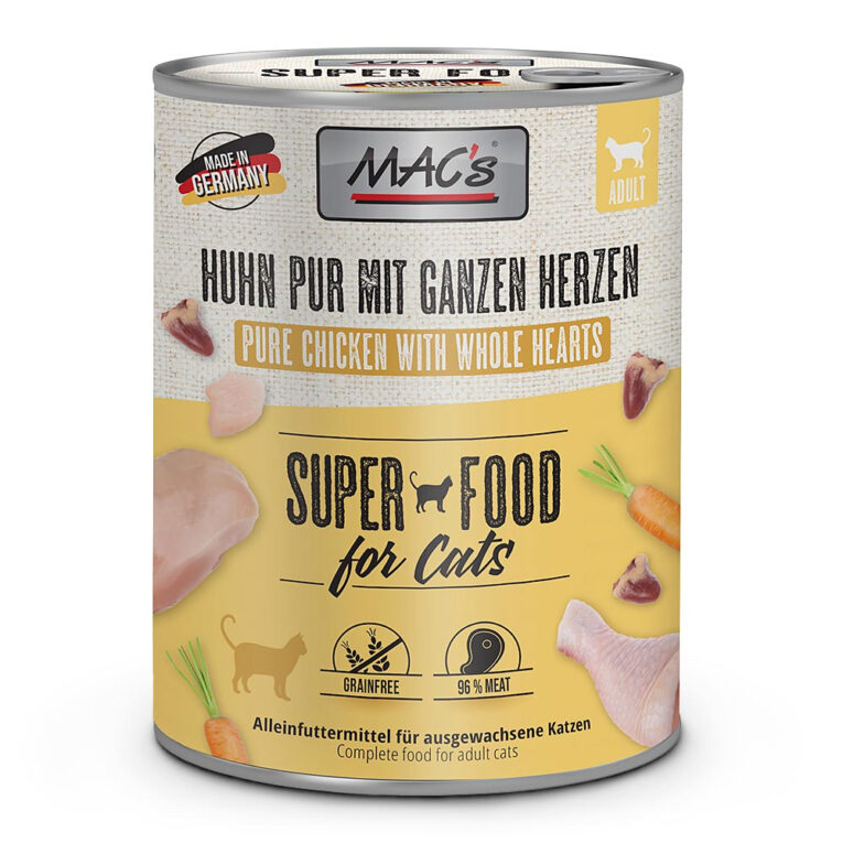 Mac’s - Nassfutter - Huhn Pur mit ganzen Geflügelherzen (getreidefrei) Dieses getreidefreie Nassfutter von Mac’s besteht zu mindestens 70% aus leckerem Hühnerfleisch und Innereien vom Huhn. Das leckere Muskelfleisch liefert wertvolle Proteine für eine gut ausgeprägte Muskulatur. Wertvolle Innereien wie Hühnermagen