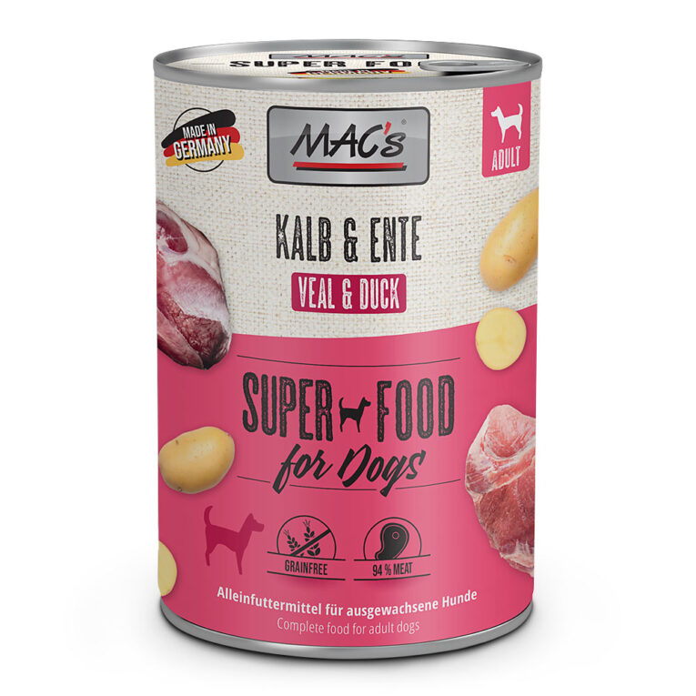 Mac’s - Nassfutter - Kalb & Ente (getreidefrei) Das Nassfutter Kalb & Ente von Mac’s überzeugt vor allem durch seinen hohen Fleischanteil von mindestens 60%. Durch die Mischung mit Kartoffeln und Seealgen wird Ihr Hund das Futter lieben. Als nährstoffreiche Zugabe