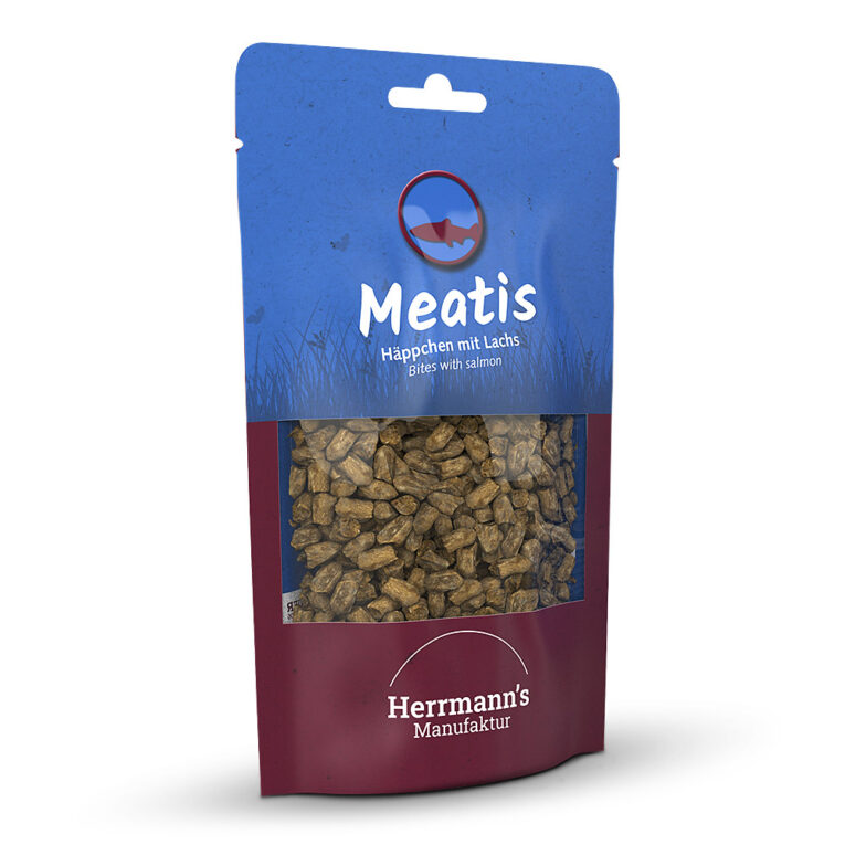 Herrmann's Meatis Häppchen mit Lachs Was ist drin? 75 % Lachs aus nachhaltigem Fischfang enthält wichtige Omega-3-Fettsäuren. Hirsemehl ist glutenfrei und enthält viele Mineralstoffe wie auch Kieselerde
