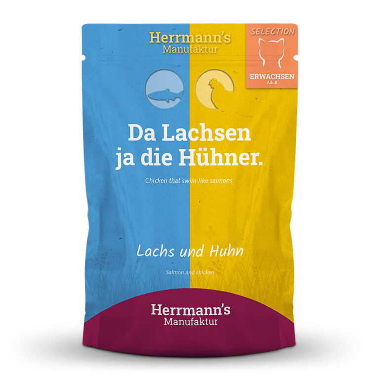 Herrmann's Selection Adult Lachs und Huhn oder "Da Lachsen ja die Hühner." Was ist drin? 47 % Lachs und 46 % Huhn