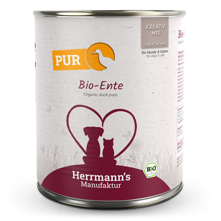 Herrmann’s Kreativ-Mix Bio Ente Reinfleisch Mit unserer Pur-Linie beim KREATIV-MIX setzen wir auf 100 Prozent reinstes Fleisch – immer bestehend aus Muskelfleisch und Innereien. Verwöhnen Sie Ihren Hund mit unserem hochwertigen BARF-Futter aus Entenfleisch aus Biohaltung. Ohne künstliche Zusätze und Farbstoffe versorgt es ihren Vierbeiner mit allen wichtigen Nährstoffen für ein glückliches und gesundes Leben. Durch das ausgeklügelte Sortiment unseres Kreativ-Mixes für Hunde und Katzen können Sie die Ernährung Ihres Fellfreundes selbst zusammenstellen und somit die beste Basis für seine Gesundheit schaffen. Machen Sie Ihre Hundeernährung zum kreativen Abenteuer! Kombinieren Sie unsere Reinfleischsorten mit unseren weiteren Produkten aus der Kreativ-Serie wie Gemüse- und Obst-Dosen