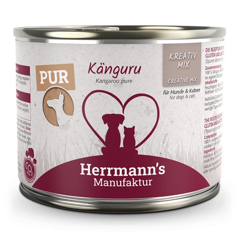 Herrmann’s Kreativ-Mix Känguru Reinfleisch Mit unserer Pur-Linie beim KREATIV-MIX setzen wir auf 100 Prozent reinstes Fleisch – immer bestehend aus Muskelfleisch und Innereien vom Känguru. Verwöhnen Sie Ihren Hund mit unserem hochwertigen BARF-Futter aus fettarmen Känguru. Ohne künstliche Zusätze und Farbstoffe versorgt es ihren Vierbeiner mit allen wichtigen Nährstoffen