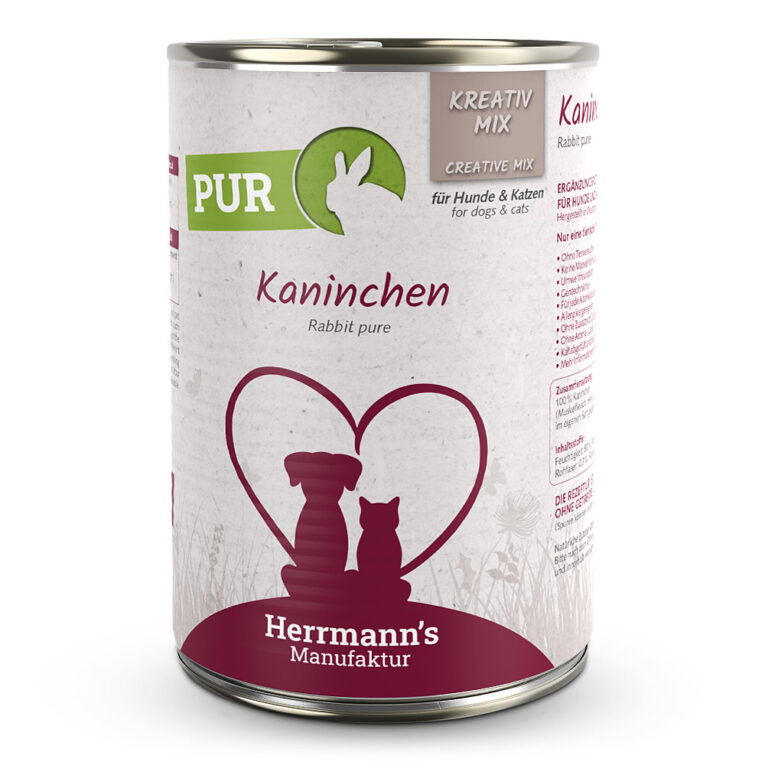 Herrmann’s Kreativ-Mix Kaninchen Reinfleisch Mit unserer Pur-Linie beim KREATIV-MIX setzen wir auf 100 Prozent reinstes Fleisch – immer bestehend aus leicht verdaulichem Muskelfleisch und Innereien vom Kaninchen. Ohne künstliche Zusätze und Farbstoffe versorgt es ihren Vierbeiner mit allen wichtigen Nährstoffen