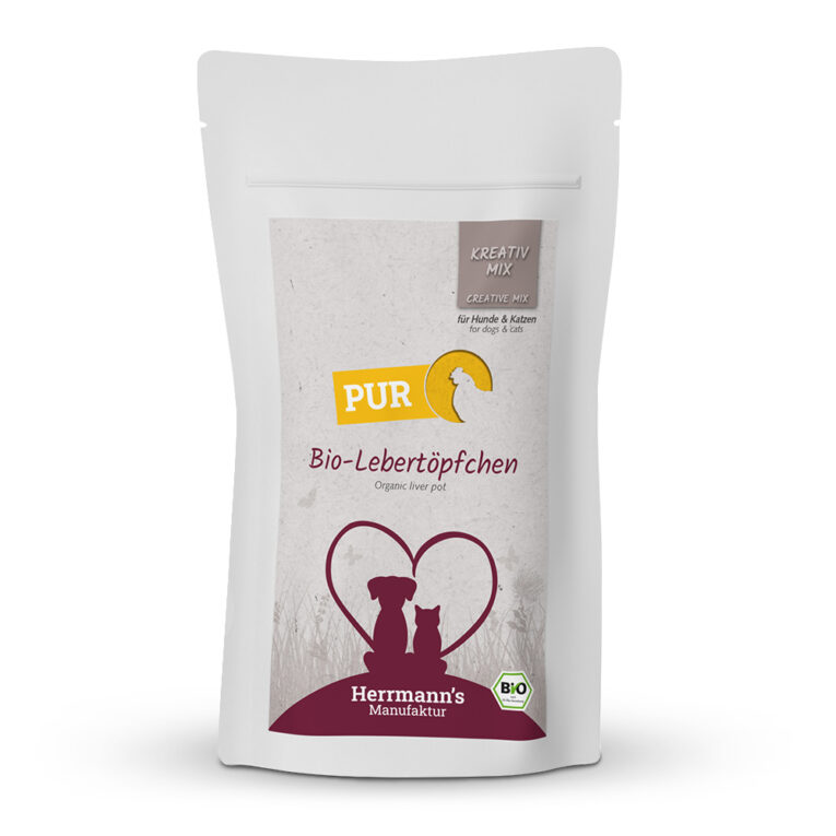 Herrmann’s Kreativ-Mix Bio Lebertöpfchen Mit unserem Bio-Lebertöpfchen beim KREATIV-MIX setzen wir auf vitaminhaltige Leber und lecker Herzen. Verwöhnen Sie Ihren Hund mit unserem hochwertigen Lebertöpfchen bestehend aus Leber und Hühnerherzen aus Biohaltung. Ohne künstliche Zusätze und Farbstoffe versorgt es ihren Vierbeiner mit allen wichtigen Nährstoffen
