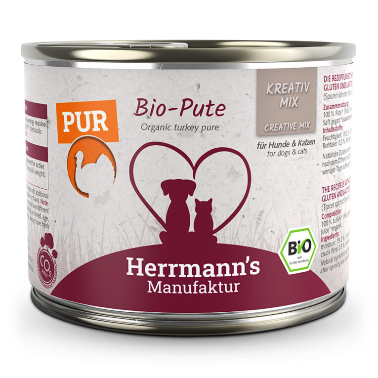 Herrmann’s Kreativ-Mix Bio Pute Reinfleisch Mit unserer Pur-Linie beim KREATIV-MIX setzen wir auf 100 Prozent Fleisch – immer bestehend aus fettarmen Muskelfleisch und Innereien von Pute aus Biohaltung. Verwöhnen Sie Ihren Hund mit unserem hochwertigen BARF-Futter. Ohne künstliche Zusätze und Farbstoffe versorgt es ihren Vierbeiner mit allen wichtigen Nährstoffen für ein glückliches und gesundes Leben. Durch das ausgeklügelte Sortiment unseres Kreativ-Mixes für Hunde und Katzen können Sie die Ernährung Ihres Fellfreundes selbst zusammenstellen und somit die beste Basis für seine Gesundheit schaffen. Machen Sie Ihre Hundeernährung zum kreativen Abenteuer! Kombinieren Sie unsere Reinfleischsorten mit unseren weiteren Produkten aus der Kreativ-Serie wie Gemüse- und Obst-Dosen