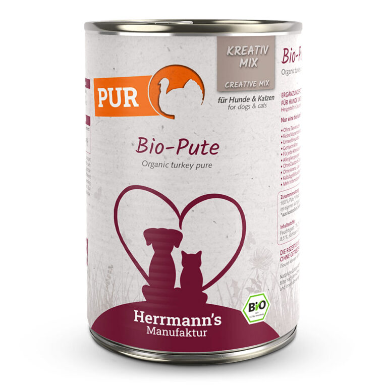 Herrmann’s Kreativ-Mix Bio Pute Reinfleisch Mit unserer Pur-Linie beim KREATIV-MIX setzen wir auf 100 Prozent Fleisch – immer bestehend aus fettarmen Muskelfleisch und Innereien von Pute aus Biohaltung. Verwöhnen Sie Ihren Hund mit unserem hochwertigen BARF-Futter. Ohne künstliche Zusätze und Farbstoffe versorgt es ihren Vierbeiner mit allen wichtigen Nährstoffen für ein glückliches und gesundes Leben. Durch das ausgeklügelte Sortiment unseres Kreativ-Mixes für Hunde und Katzen können Sie die Ernährung Ihres Fellfreundes selbst zusammenstellen und somit die beste Basis für seine Gesundheit schaffen. Machen Sie Ihre Hundeernährung zum kreativen Abenteuer! Kombinieren Sie unsere Reinfleischsorten mit unseren weiteren Produkten aus der Kreativ-Serie wie Gemüse- und Obst-Dosen