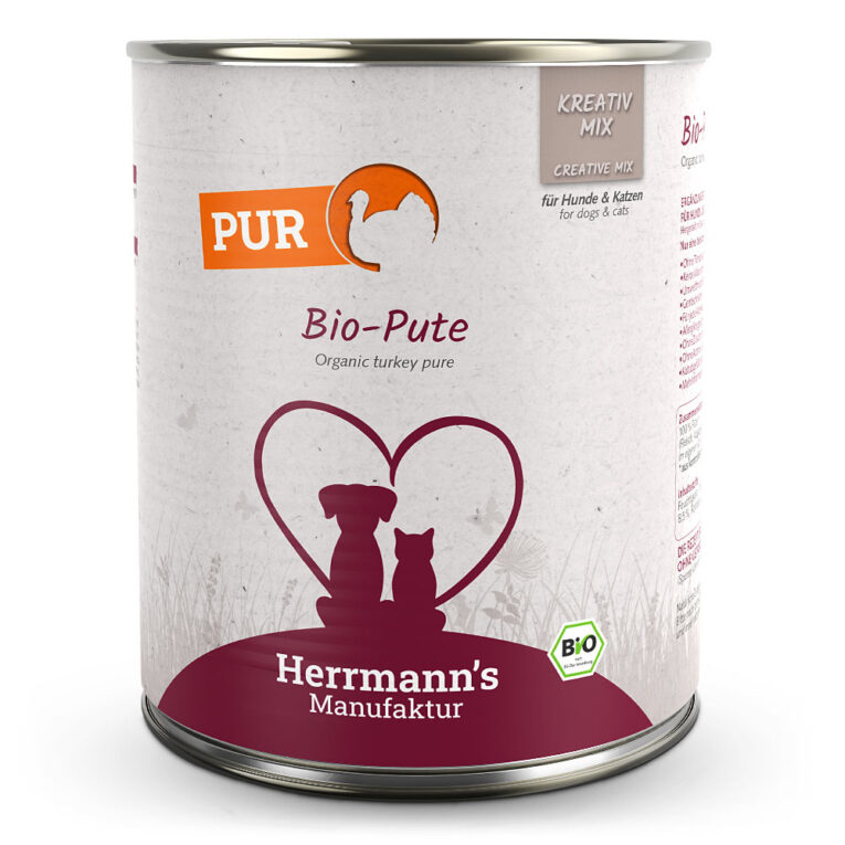 Herrmann’s Kreativ-Mix Bio Pute Reinfleisch Mit unserer Pur-Linie beim KREATIV-MIX setzen wir auf 100 Prozent Fleisch – immer bestehend aus fettarmen Muskelfleisch und Innereien von Pute aus Biohaltung. Verwöhnen Sie Ihren Hund mit unserem hochwertigen BARF-Futter. Ohne künstliche Zusätze und Farbstoffe versorgt es ihren Vierbeiner mit allen wichtigen Nährstoffen für ein glückliches und gesundes Leben. Durch das ausgeklügelte Sortiment unseres Kreativ-Mixes für Hunde und Katzen können Sie die Ernährung Ihres Fellfreundes selbst zusammenstellen und somit die beste Basis für seine Gesundheit schaffen. Machen Sie Ihre Hundeernährung zum kreativen Abenteuer! Kombinieren Sie unsere Reinfleischsorten mit unseren weiteren Produkten aus der Kreativ-Serie wie Gemüse- und Obst-Dosen