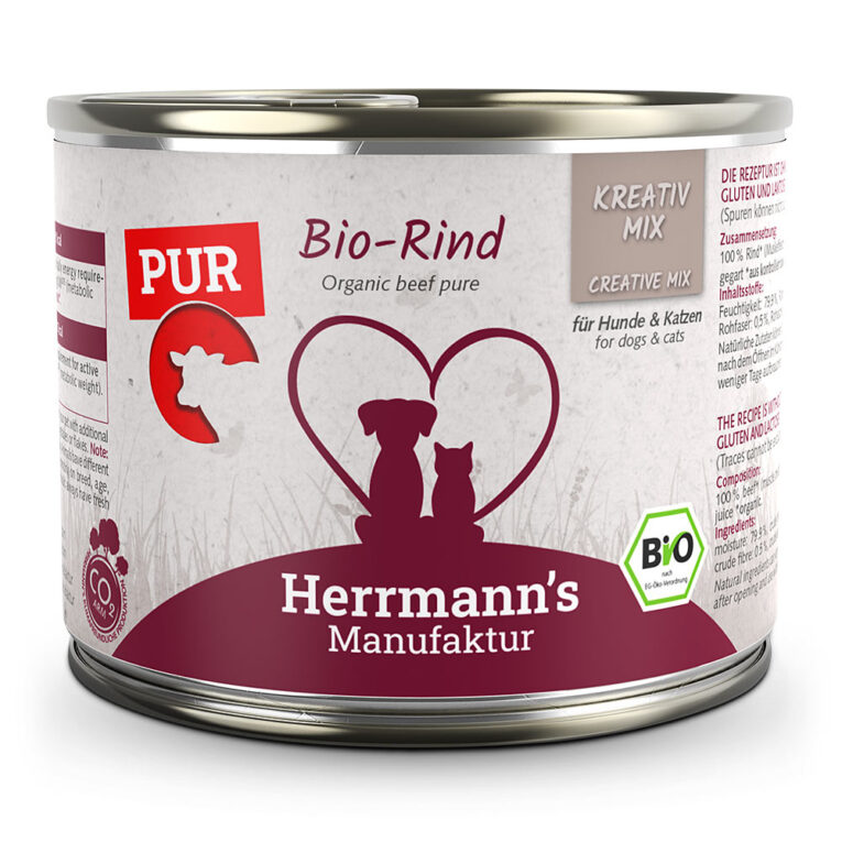 Herrmann’s Kreativ-Mix Bio Rind Reinfleisch Mit unserer Pur-Linie beim KREATIV-MIX setzen wir auf 100 Prozent Fleisch – immer bestehend aus Muskelfleisch und Innereien von Rind aus Biohaltung. Verwöhnen Sie Ihren Hund mit unserem hochwertigen BARF-Futter. Ohne künstliche Zusätze und Farbstoffe versorgt es ihren Vierbeiner mit allen wichtigen Nährstoffen für ein glückliches und gesundes Leben. Durch das ausgeklügelte Sortiment unseres Kreativ-Mixes für Hunde und Katzen können Sie die Ernährung Ihres Fellfreundes selbst zusammenstellen und somit die beste Basis für seine Gesundheit schaffen. Machen Sie Ihre Hundeernährung zum kreativen Abenteuer! Kombinieren Sie unsere Reinfleischsorten mit unseren weiteren Produkten aus der Kreativ-Serie wie Gemüse- und Obst-Dosen