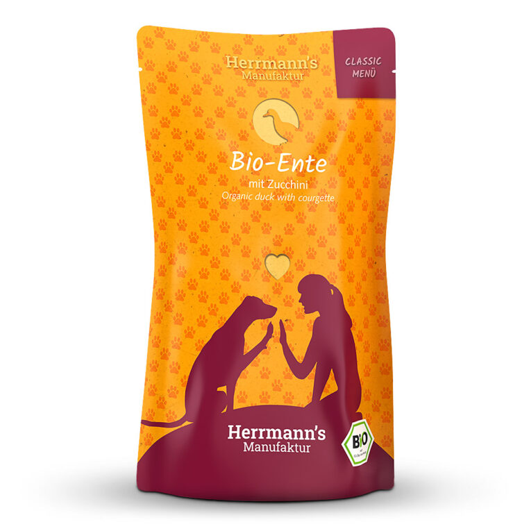 Herrmann's Classic Bio-Ente mit Zucchini Was ist drin? 50 % Bio-Ente mit gut verdaulichen Proteinen und mehr Eisen und Folsäure als andere Geflügelsorten; Karkasse und Hälse liefern vor allem Calcium. Zucchini heißt eigentlich „kleiner Kürbis“ und liefert viel Calcium
