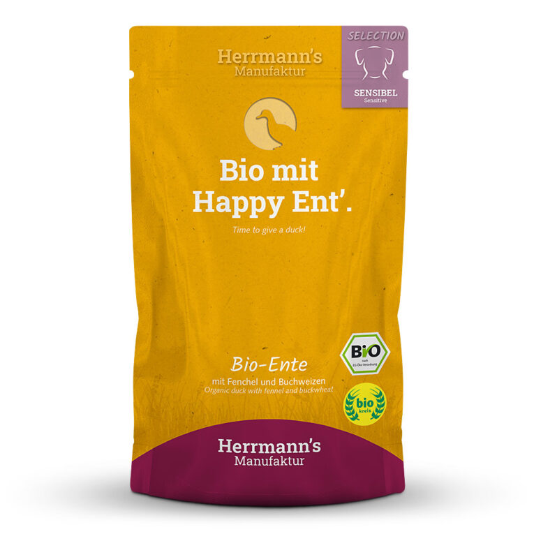 Herrmann's Selection Sensible Bio Ente mit Fenchel und Buchweizen oder "Bio mit Happy Ent'." Was ist drin? 50 % Bio-Ente