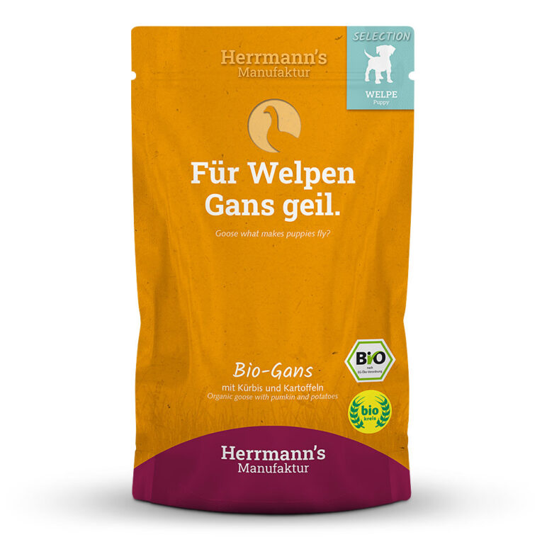 Herrmann's Selection Puppy Bio-Gans mit Kürbis und Kartoffeln oder "Für Welpen Gans geil" Was ist drin? 60 % Bio-Gans