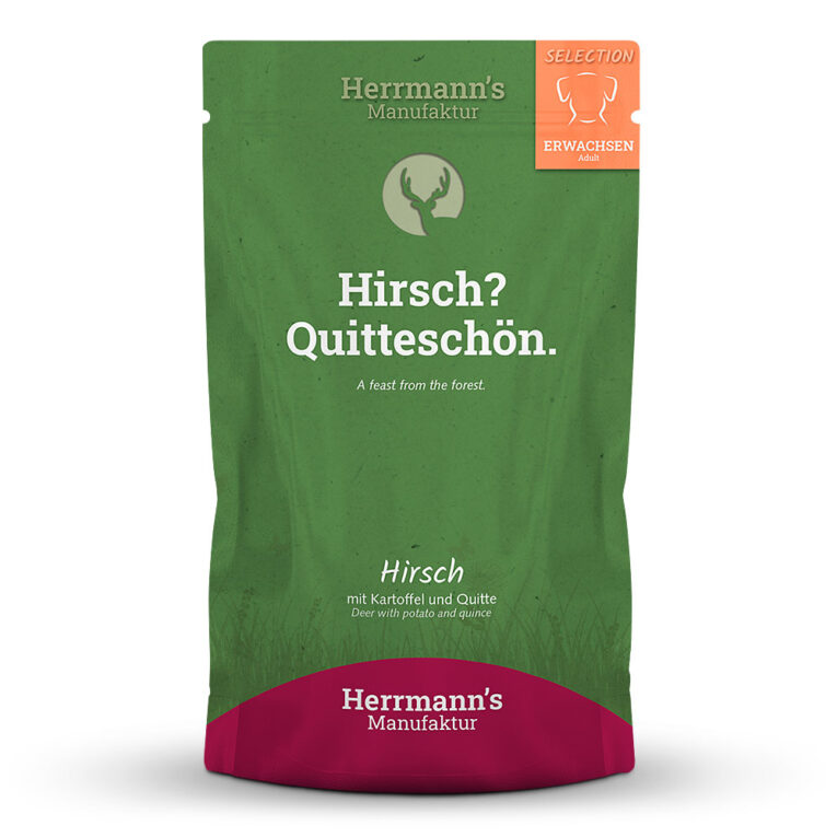 Herrmann's Selection Adult Hirsch mit Kartoffel und Quitte oder "Hirsch? Quitteschön!" Was ist drin? 50 % Hirsch /Reh (gilt als eine Proteinquelle)