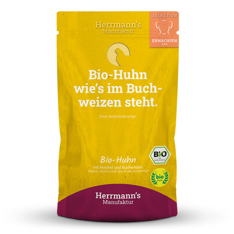 Herrmann's Selection Adult Bio-Huhn mit Fenchel und Buchweizen oder "Ein Huhn wie es im Buchweizen steht" Was ist drin? 50 % Bio-Huhn