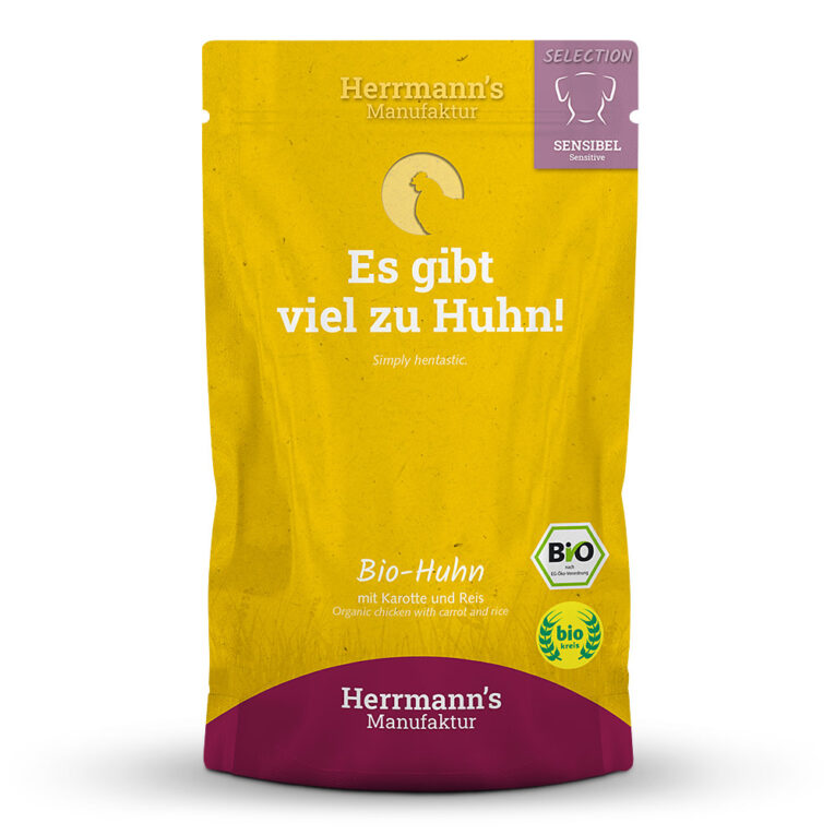 Herrmann's Selection Sensible Bio-Huhn mit Karotte und Reis oder "Es gibt viel zu Huhn!" Was ist drin? 50 % Bio-Huhn