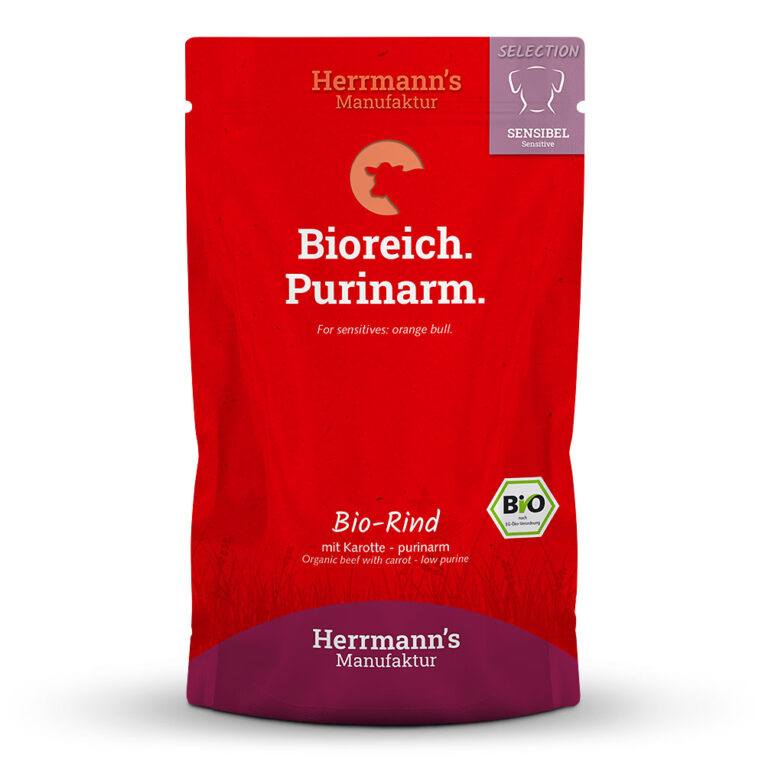 Herrmann's Selection Sensible Bio Rind mit Karotten - purinarm oder "Bioreich. Purinarm." Was ist drin? Zur Vermeidung von Purinen verwenden wir nur Muskelfleisch und keine Innereien