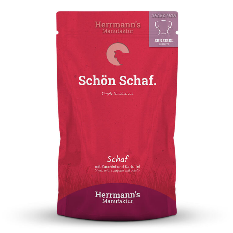 Herrmann's Selections Sensible Schaf mit Zucchini und Kartoffeln oder "Schön Schaf." Was ist drin? 50 % Schaf aus artgerechter Haltung als gut verträgliche Fleischalternative