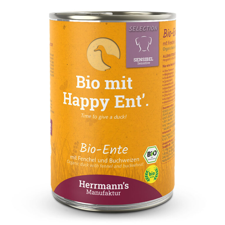Herrmann's Selection Sensible Bio Ente mit Fenchel und Buchweizen oder "Bio mit Happy Ent'." Was ist drin? 50 % Bio-Ente