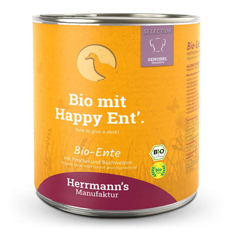 Herrmann's Selection Sensible Bio Ente mit Fenchel und Buchweizen oder "Bio mit Happy Ent'." Was ist drin? 50 % Bio-Ente
