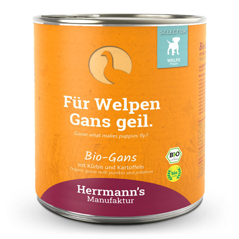 Herrmann's Selection Puppy Bio-Gans mit Kürbis und Kartoffeln oder "Für Welpen Gans geil" Was ist drin? 60 % Bio-Gans