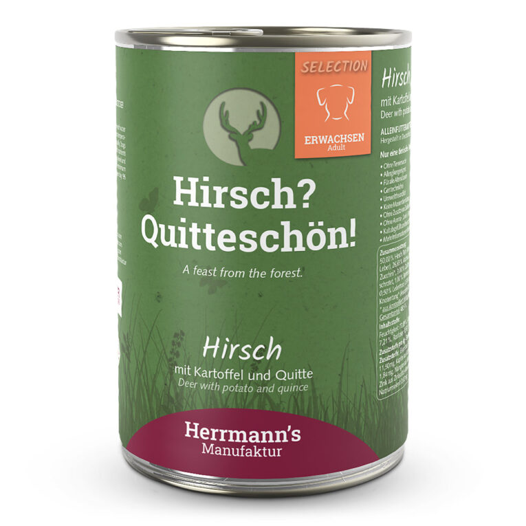 Herrmann's Selection Adult Hirsch mit Kartoffel und Quitte oder "Hirsch? Quitteschön!" Was ist drin? 50 % Hirsch /Reh (gilt als eine Proteinquelle)