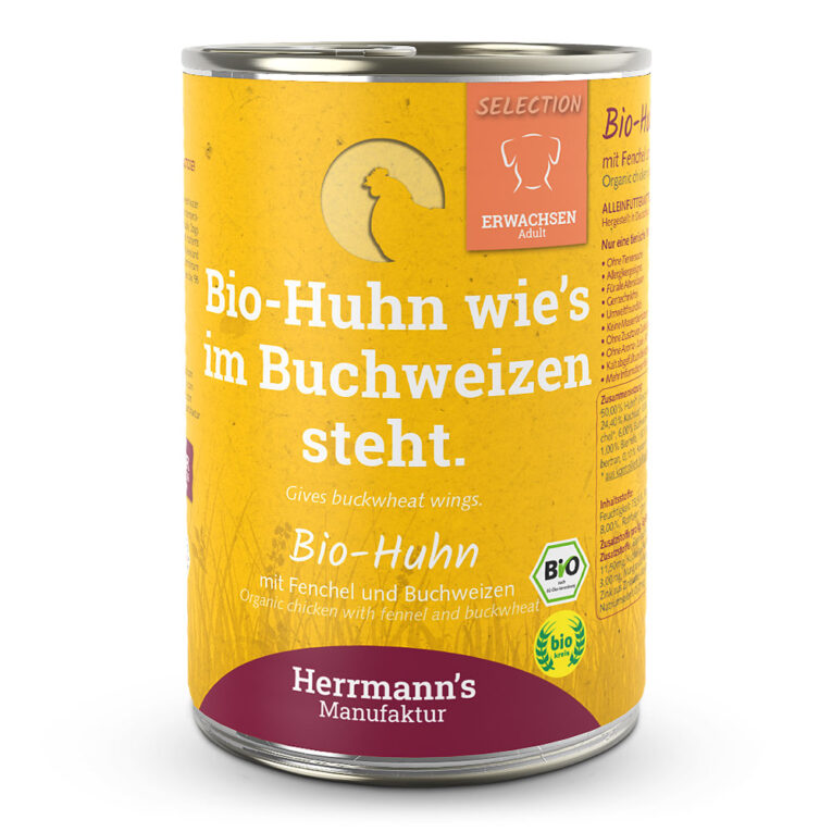 Herrmann's Selection Adult Bio-Huhn mit Fenchel und Buchweizen oder "Ein Huhn wie es im Buchweizen steht" Was ist drin? 50 % Bio-Huhn