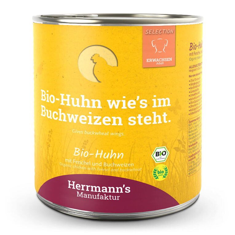 Herrmanns Bio-Huhn mit Fenchel und Buchweizen oder "Ein Huhn wie es im Buchweizen steht" Was ist drin? 50 % Bio-Huhn