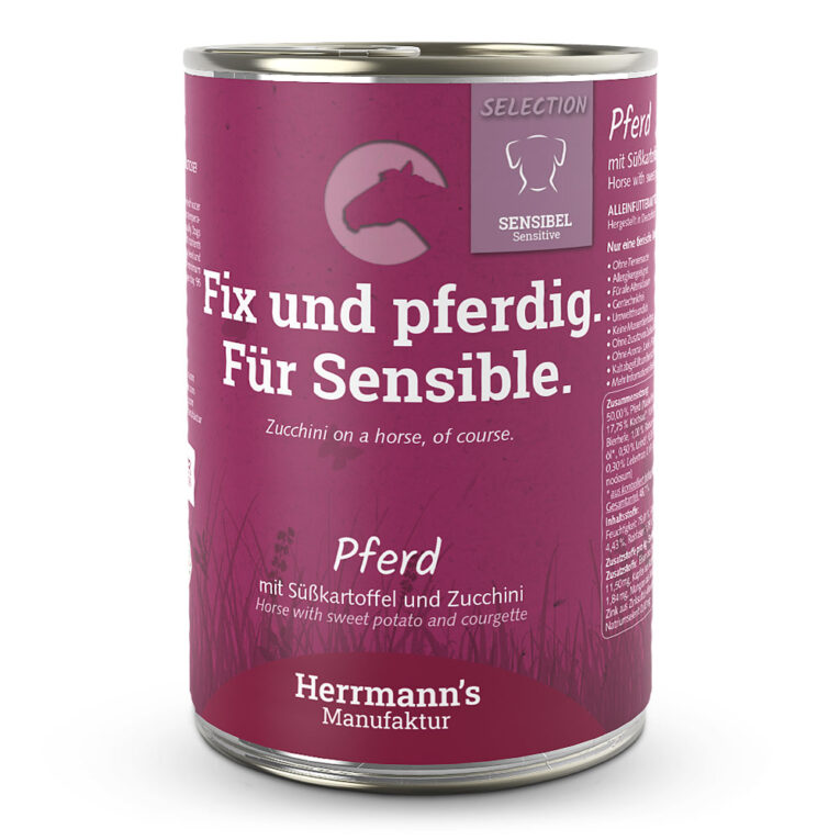 Herrmann's Selection Sensible Pferd mit Süßkartoffel und Zucchini oder "Fix und pferdig. Für Sensible." Was ist drin? 50 % Pferd