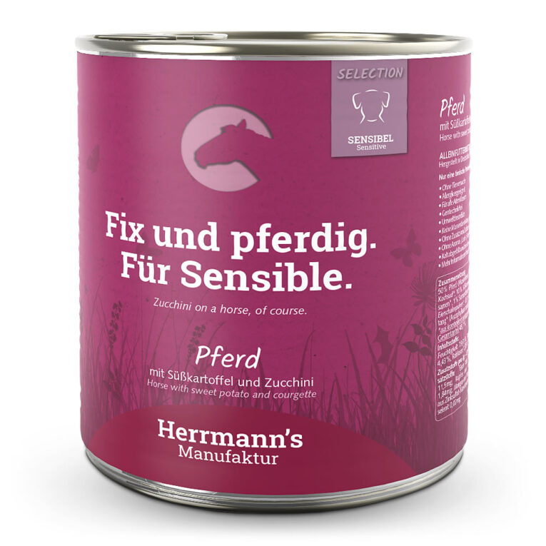 Herrmann's Selection Sensible Pferd mit Süßkartoffel und Zucchini oder "Fix und pferdig. Für Sensible." Was ist drin? 50 % Pferd