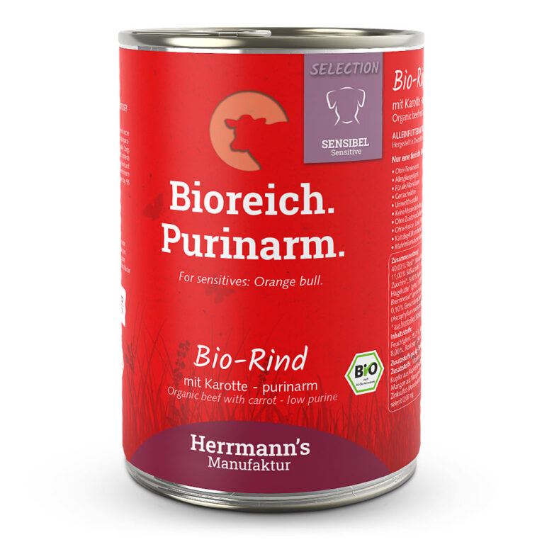 Herrmann's Selection Sensible Bio Rind mit Karotten - purinarm oder "Bioreich. Purinarm." Was ist drin? Zur Vermeidung von Purinen verwenden wir nur Muskelfleisch und keine Innereien